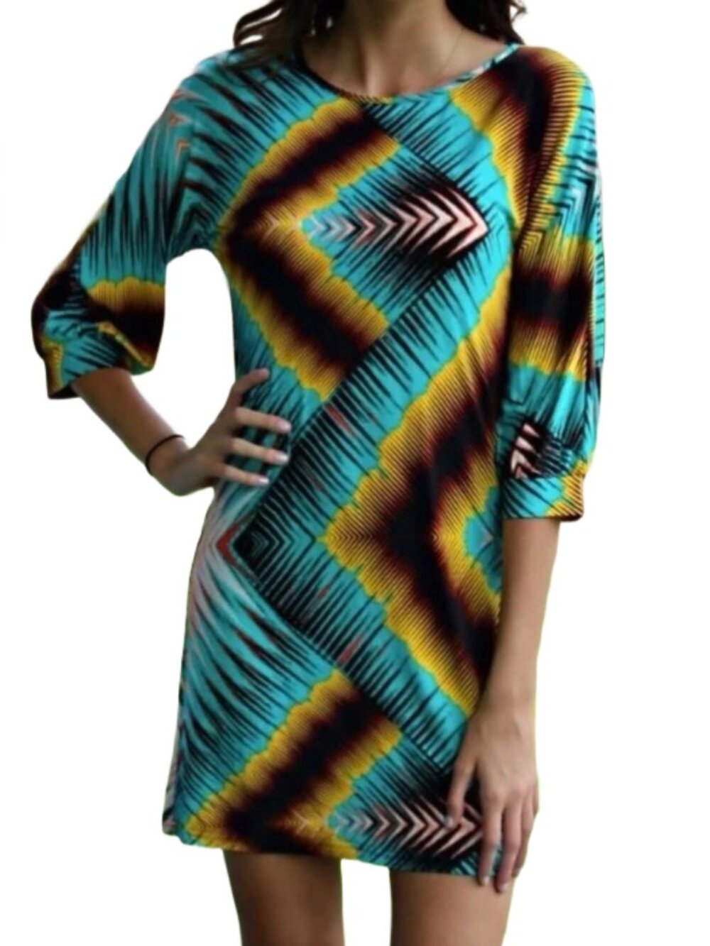 Uncle Frank Dress Multicolor Ikat Print Dolman Sleeves Medium